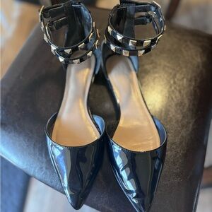 “Mix No.6” Black Patent Leather flats w/studded gold detail ankle strap. Size 9.